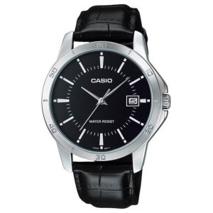 Casio - Montre classique au fond noir avec dateur et étanche pour hommes - Bracelet cuir noir - MTP-V004L-1A