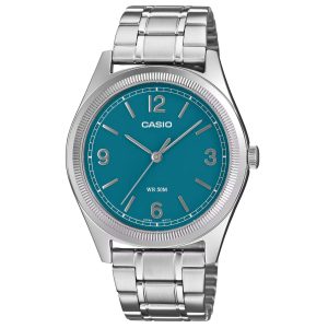 Casio - Montre minimaliste pour homme au fond bleu sarcelle (teal blue) - Extra plate - WR 50m - MTP-B210D-2A1V